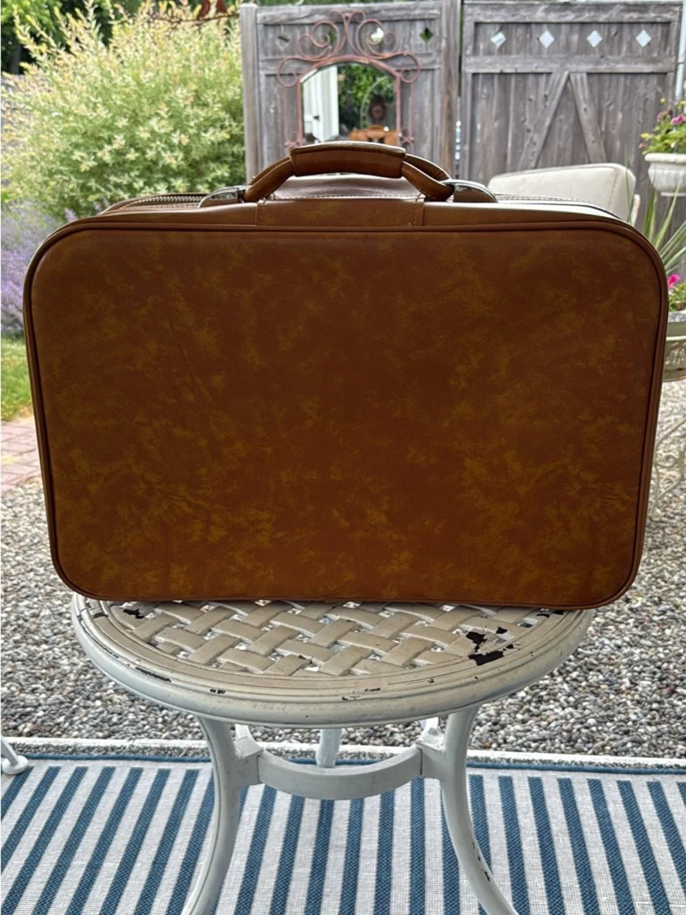 Vintage Men's Travel Suitcase Luggage in Cognac Brown Carpet Panel Accent